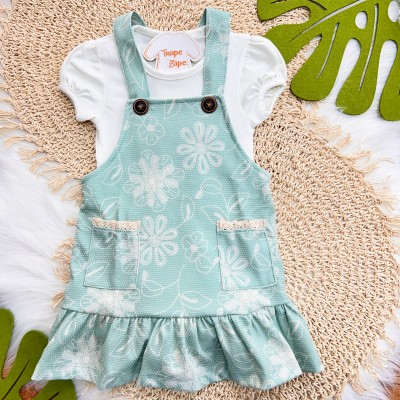 Conj. Body Manga Curta e Salopete Floral - Verde e Off White 